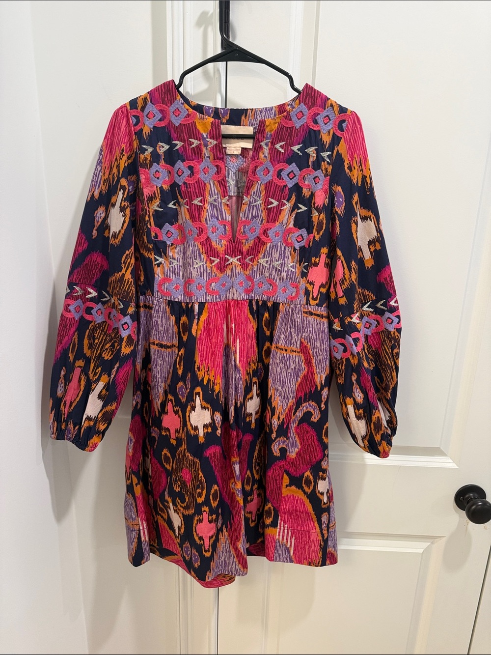 Embroidered Mixed-Print Mini Dress in Fuchsia & Navy